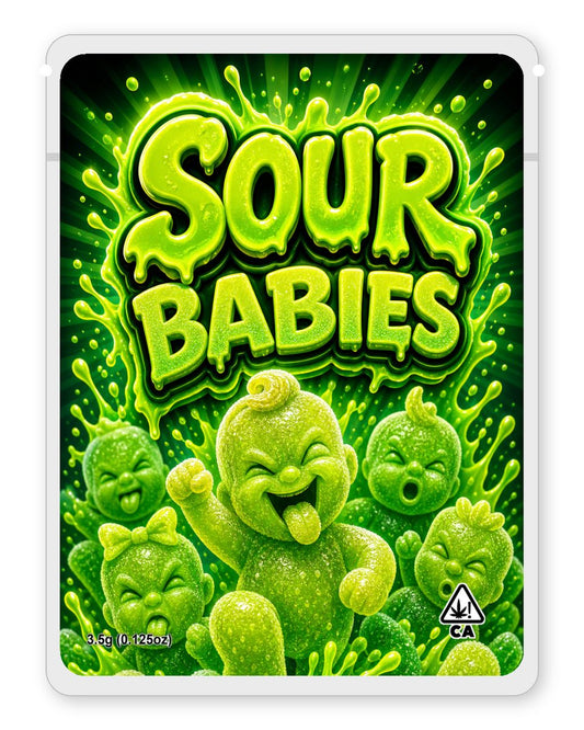 Sour Babies custom 4"x5" mylar bag design (front)