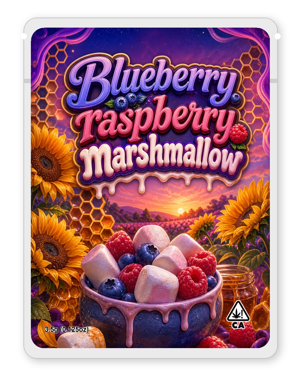 Blueberry  raspberry marshmallow custom 4"x5" mylar bag design (front)