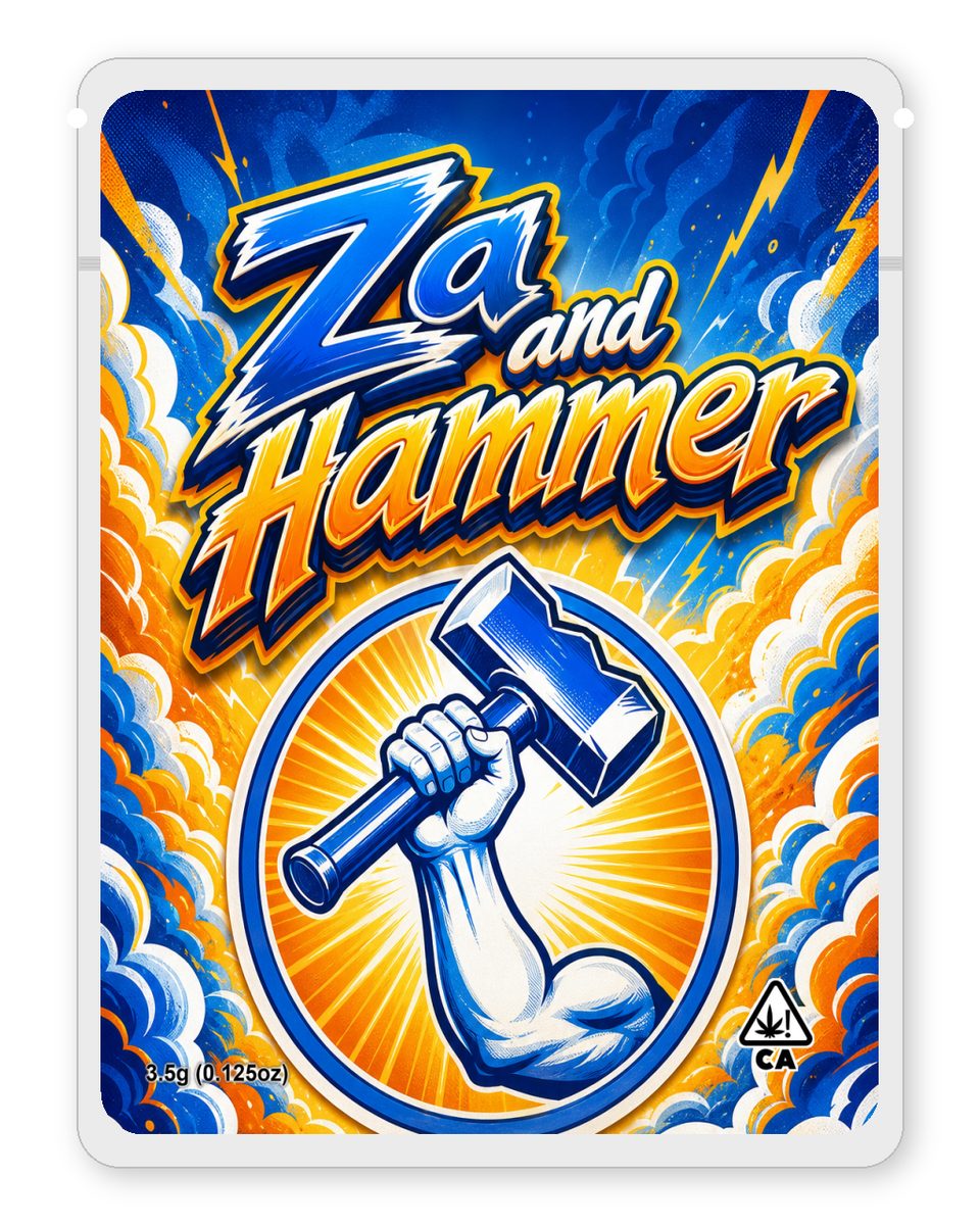 Za and hammer custom 4"x5" mylar bag design (front)