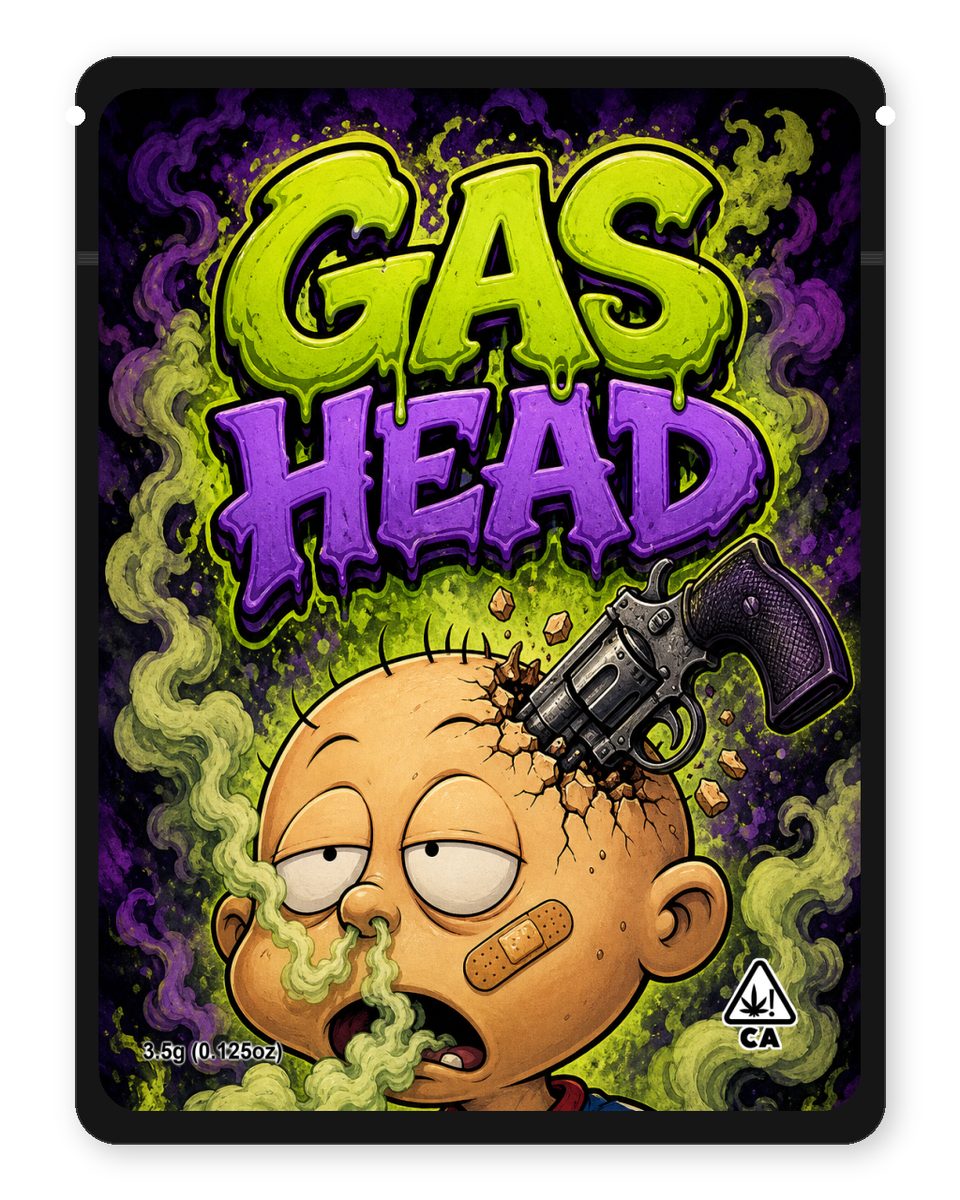 Gas Head custom 4"x5" mylar bag design (front)