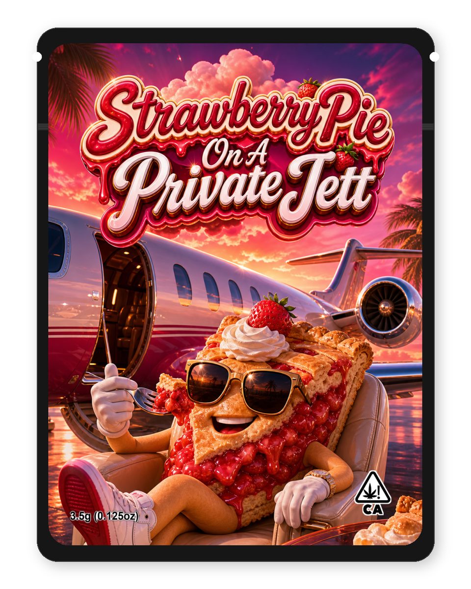 StrawberryPie On A Private Jett custom 4"x5" mylar bag design (front)