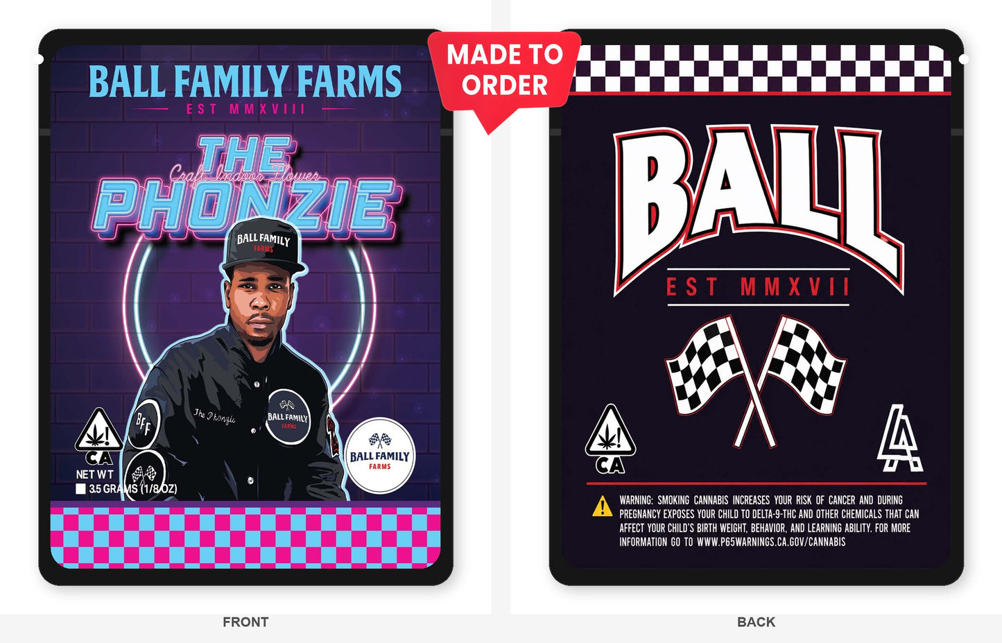 The Phonzie 3.5g Mylar Bags Ball Family Farms - Front and Back View