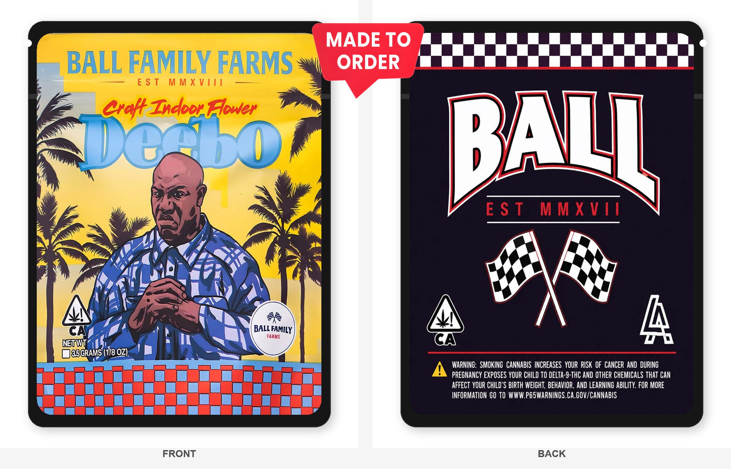 Deebo 3.5g Mylar Bags Ball Family Farms - Front and Back View