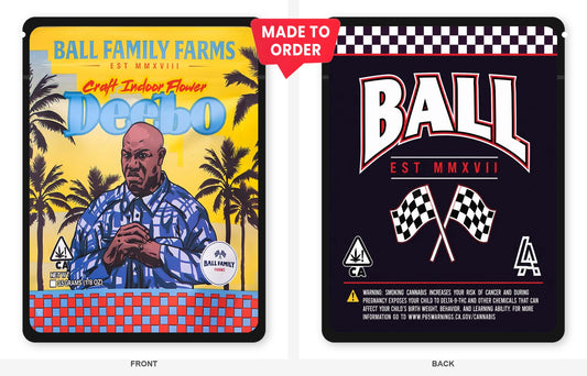 Deebo 3.5g Mylar Bags Ball Family Farms - Front and Back View
