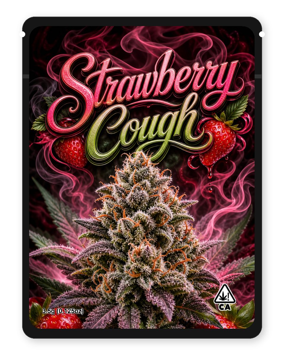 strawberry cough custom 4"x5" mylar bag design (front)