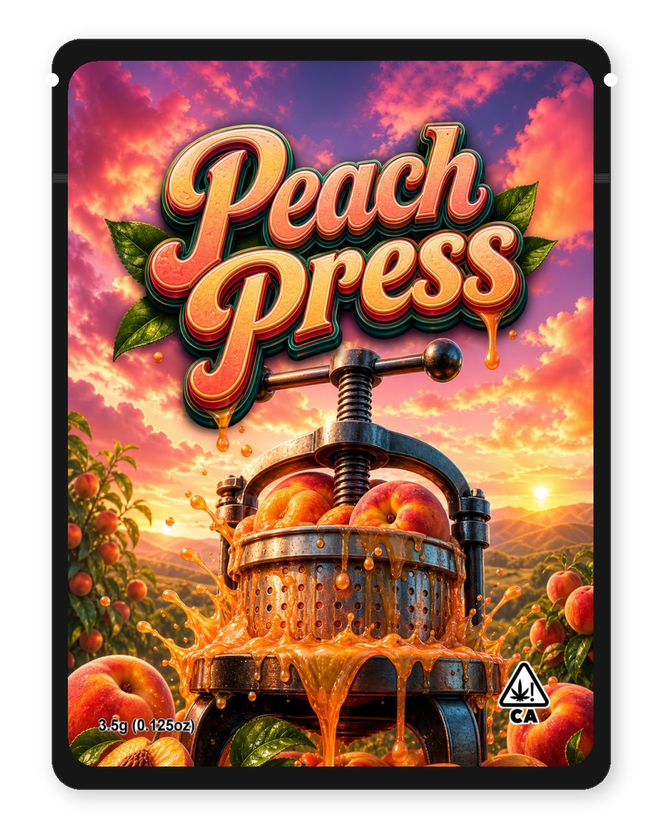 Peach Press custom 4"x5" mylar bag design (front)