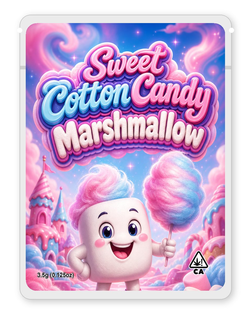 Sweet Cotton Candy Marshmallow custom 4"x5" mylar bag design (front)