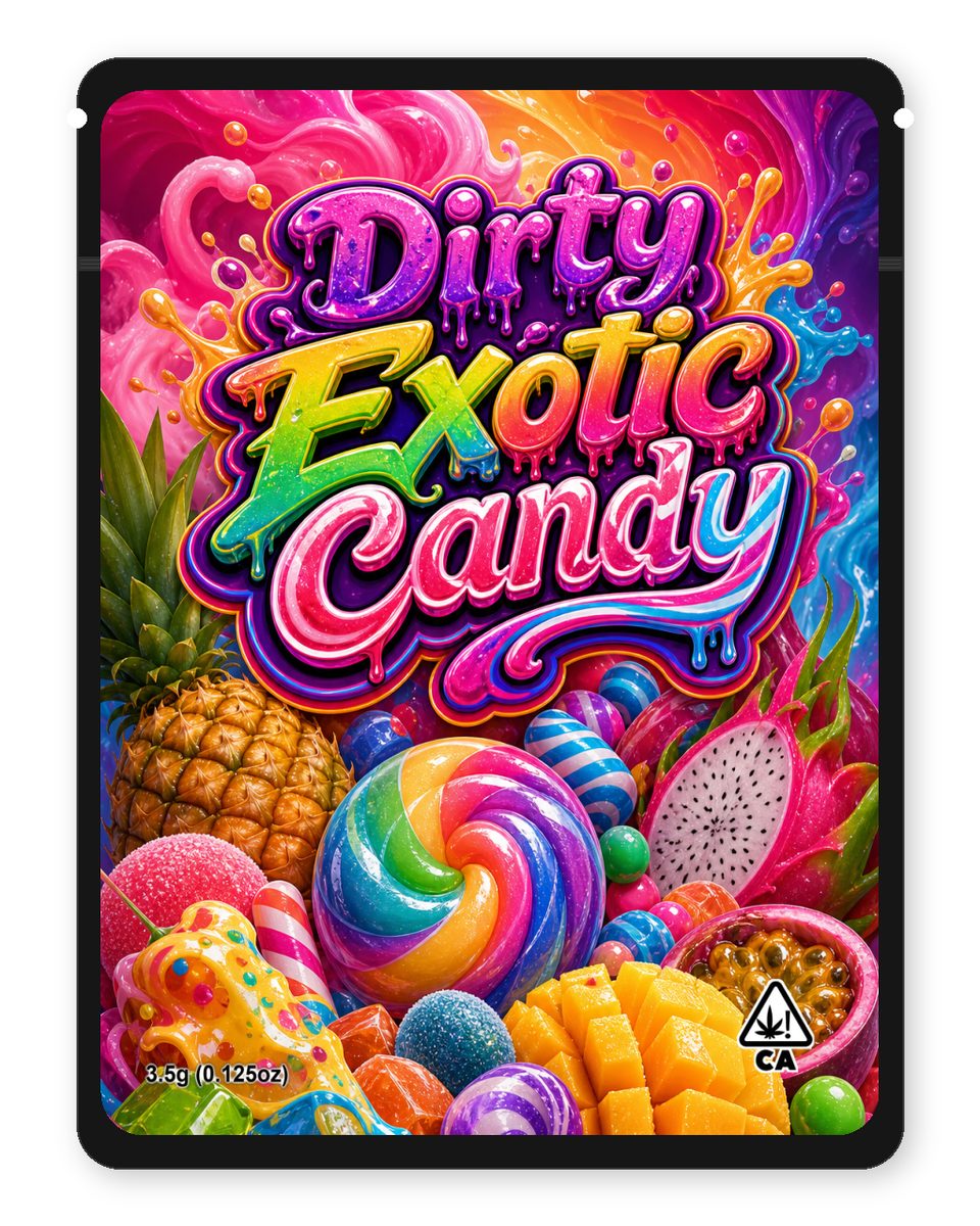 Dirty Exotic Candy custom 4"x5" mylar bag design (front)