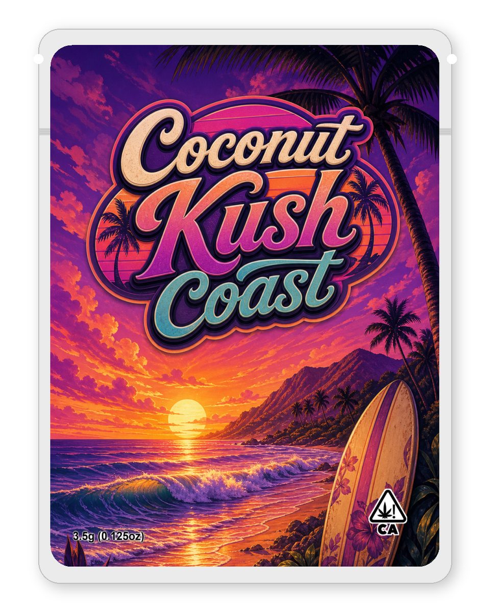 Coconut Kush Coast custom 4"x5" mylar bag design (front)