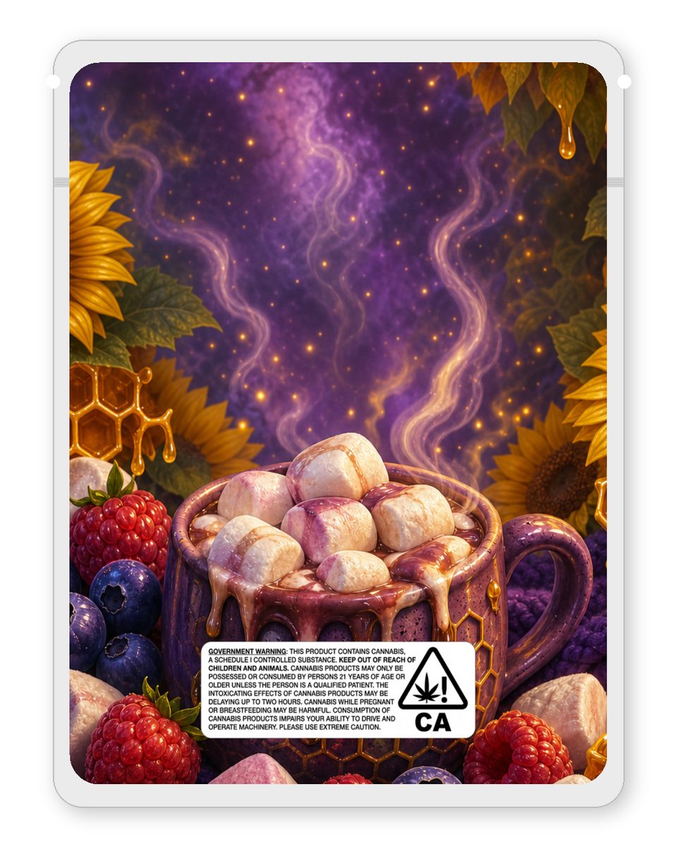 Blueberry  raspberry marshmallow custom 4"x5" mylar bag design (back)