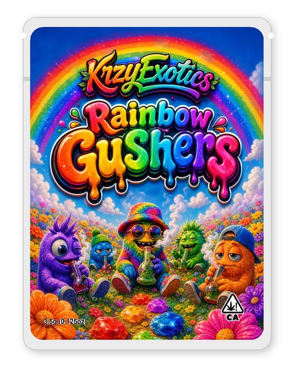 Rainbow Gushers custom 4"x5" mylar bag design (front)