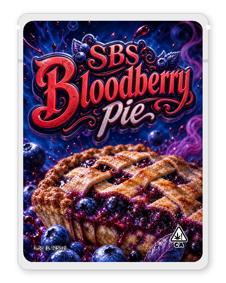 SBS Bloodberry pie custom 4"x5" mylar bag design (front)