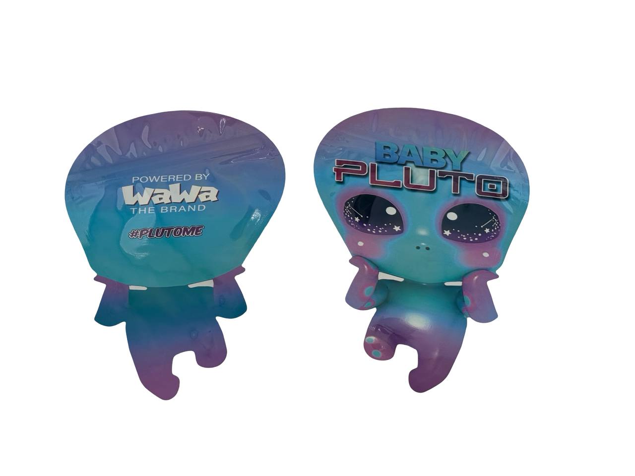 Baby Pluto 3.5g mylar bags two-bag lineup — die-cut alien silhouette front and back, Wawah brand