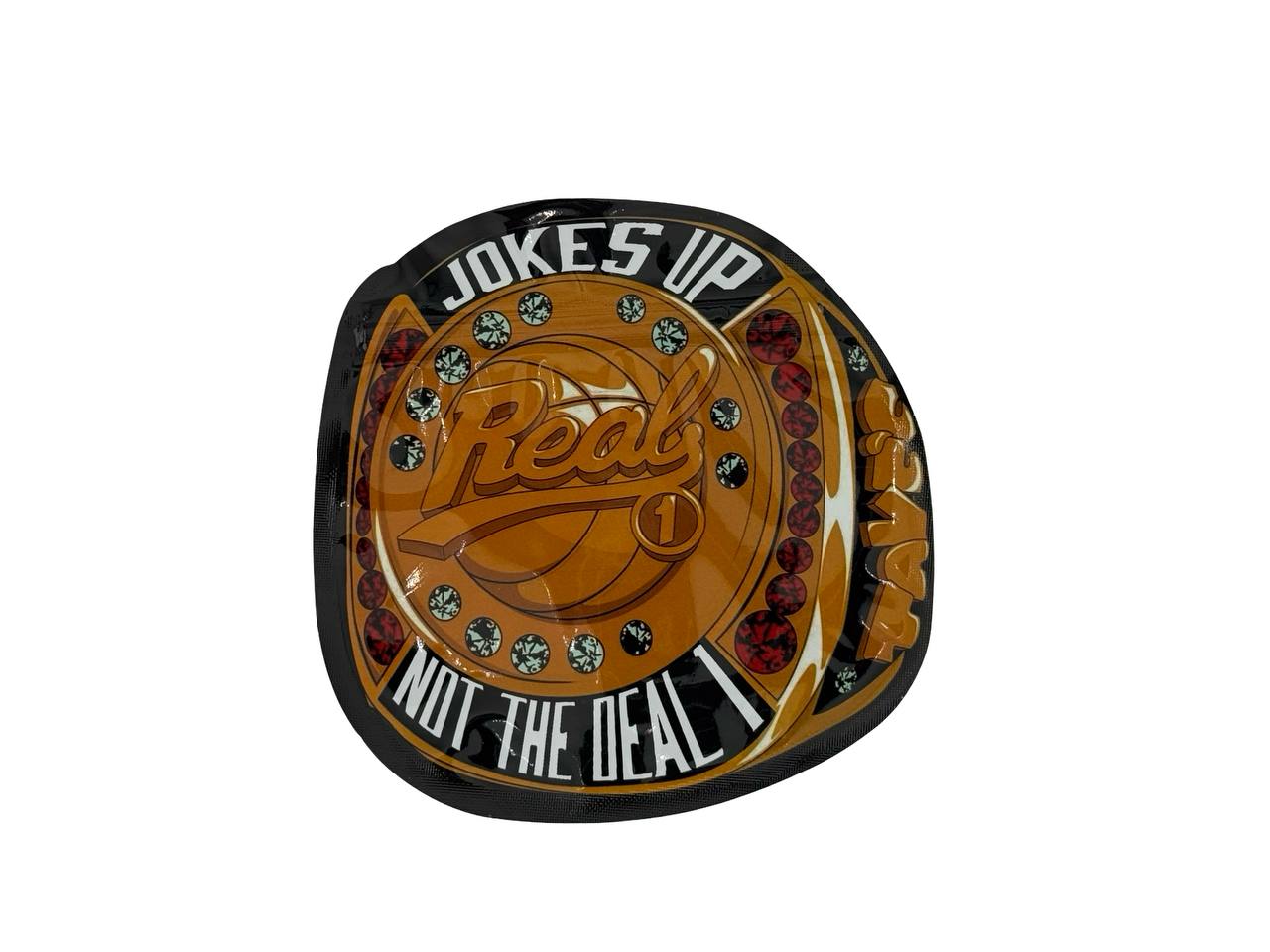 Real One 3.5g mylar bag front design — gold championship belt buckle with jewels and basketball motif