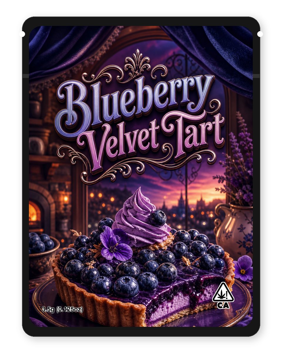 Blueberry Velvet Tart custom 4"x5" mylar bag design (front)