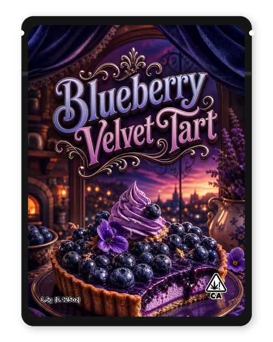 Blueberry Velvet Tart custom 4"x5" mylar bag design (front)