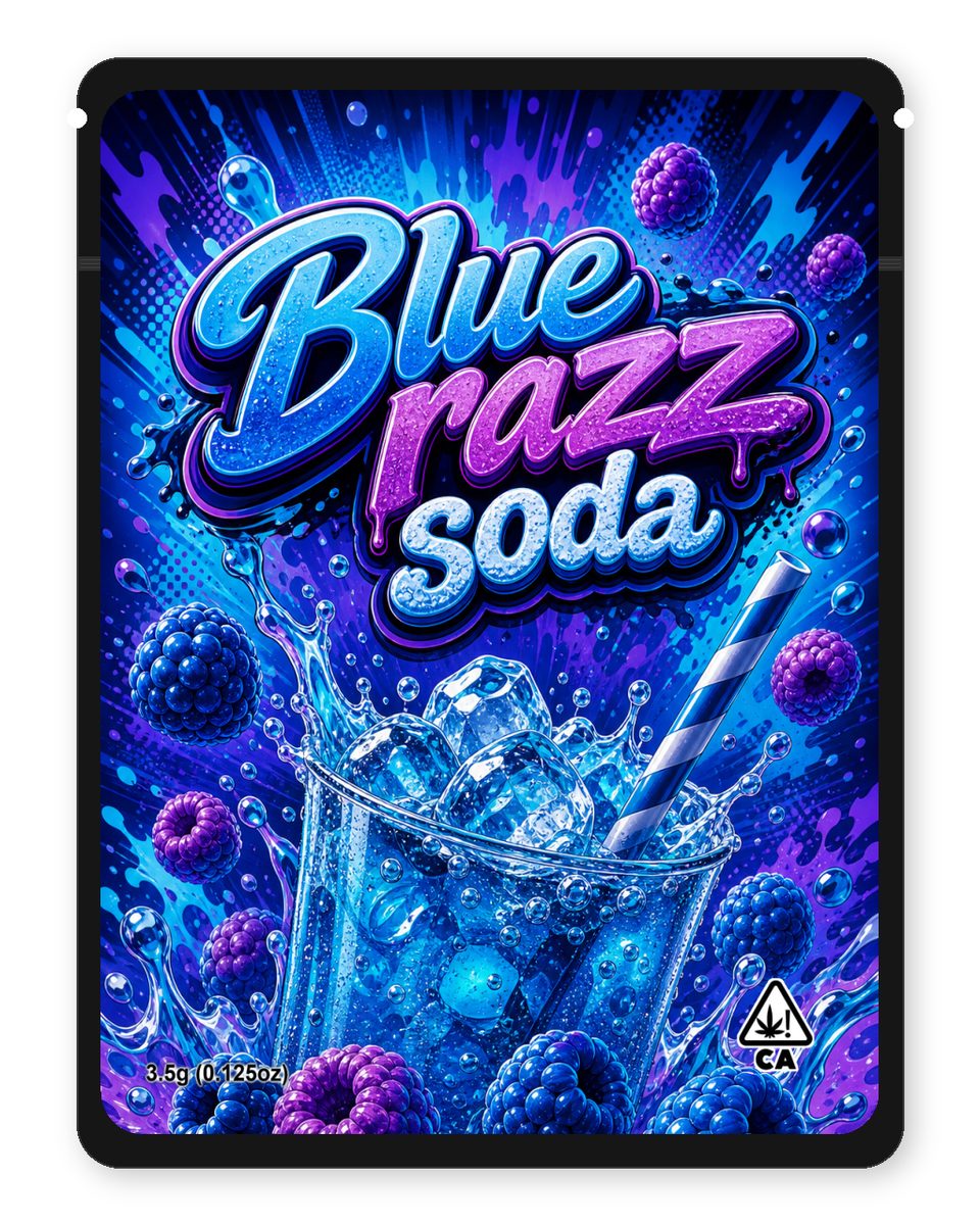 Blue razz soda custom 4"x5" mylar bag design (front)