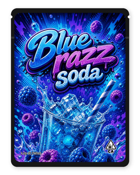 Blue razz soda custom 4"x5" mylar bag design (front)