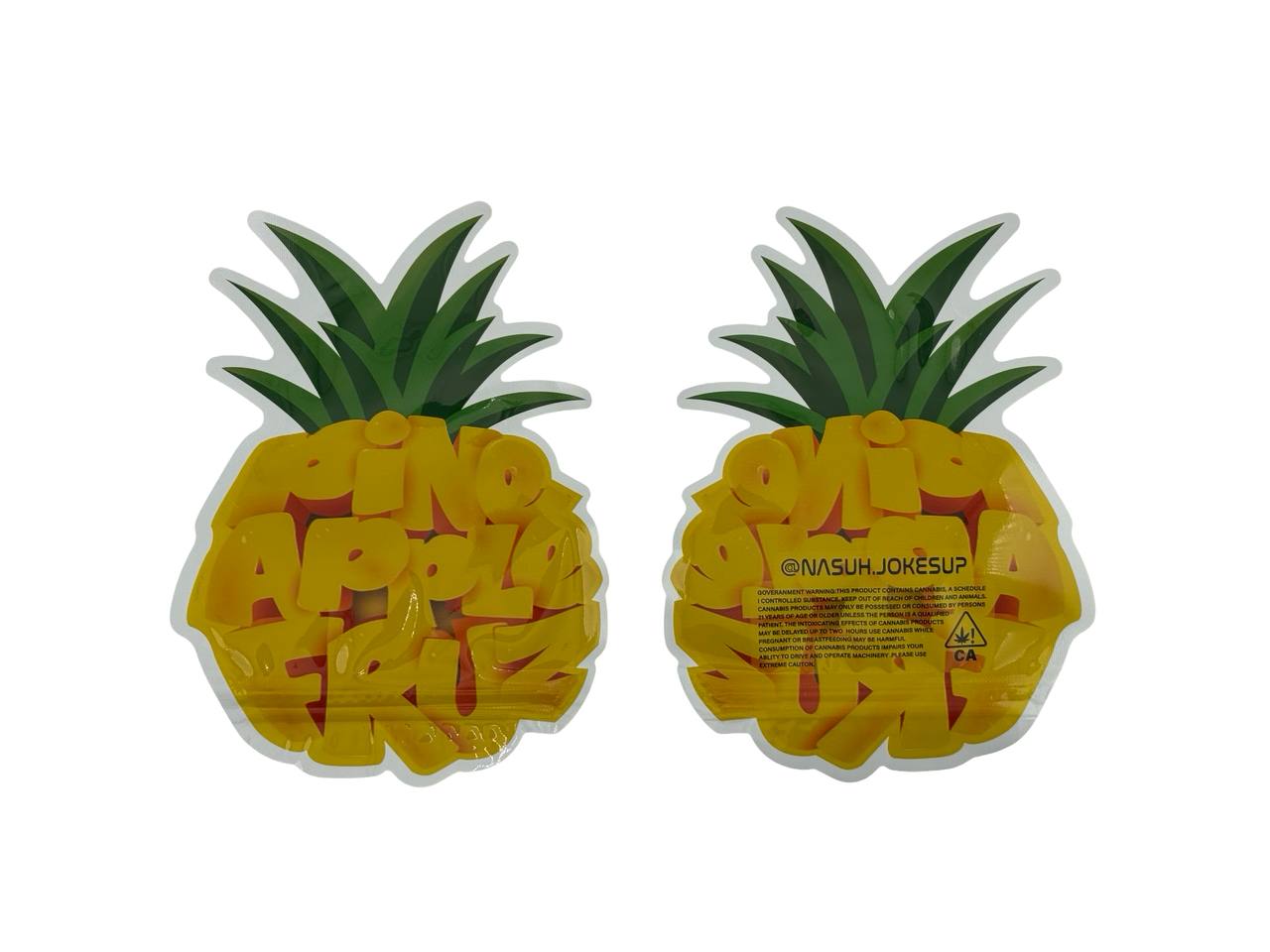 Pineapple Fruz 3.5g mylar bags die-cut pineapple silhouette with green leafy crown, front and back views — Joke's Up cannabis packaging