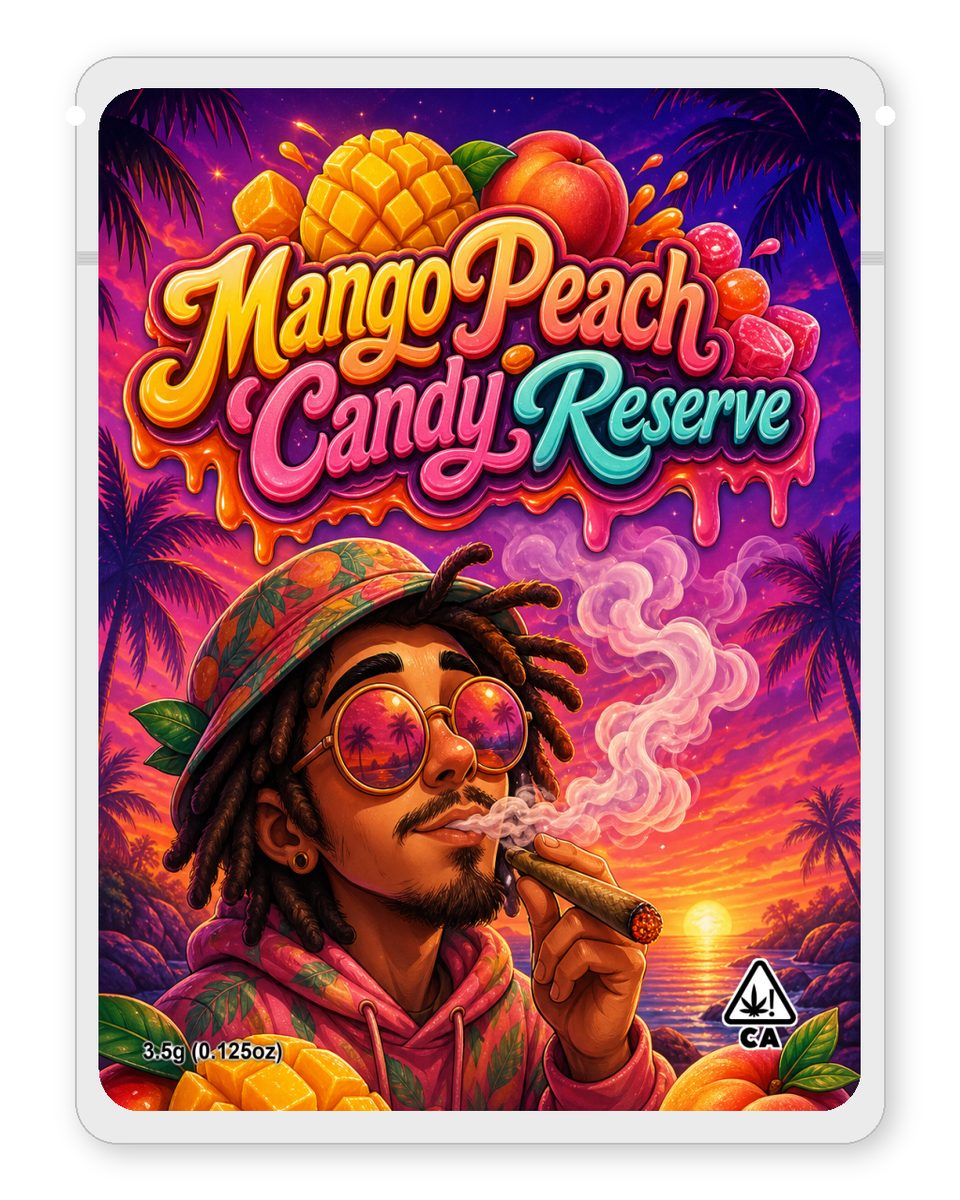 MangoPeachCandyReserve custom 4"x5" mylar bag design (front)