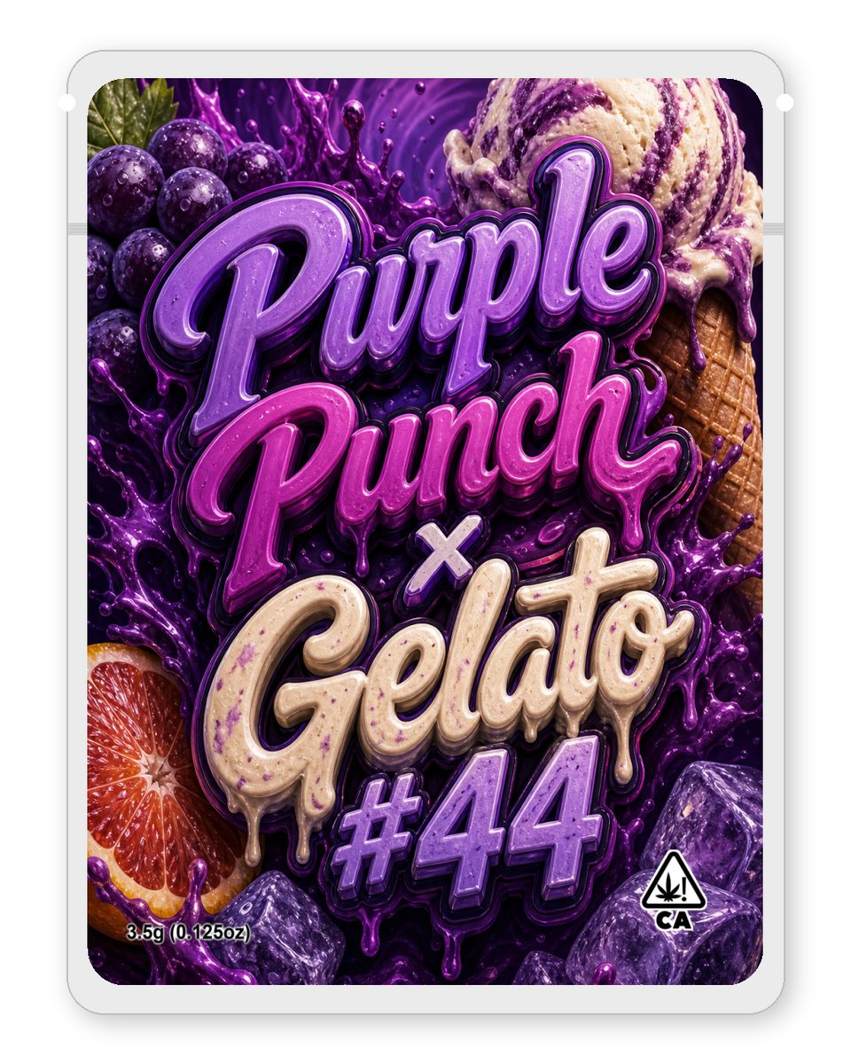 Purple Punch x Gelato #44 custom 4"x5" mylar bag design (front)
