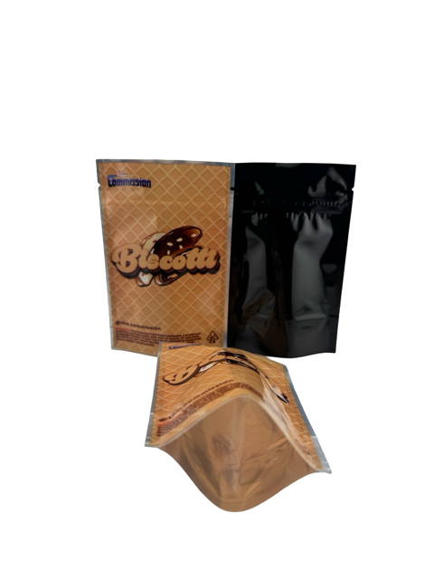Biscotti retro 3.5g mylar bag by The Commission — front and back lineup with waffle-texture brown biscotti design