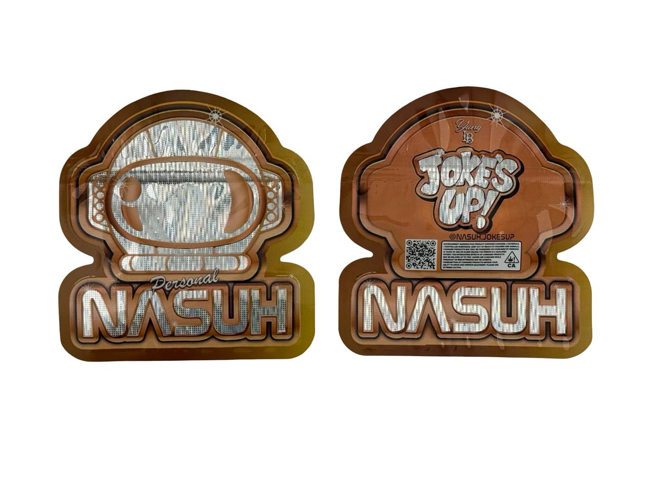 Personal Nasuh 3.5g mylar bags die-cut astronaut helmet with holographic rainbow visor and spot UV accents, front and back — Joke's Up