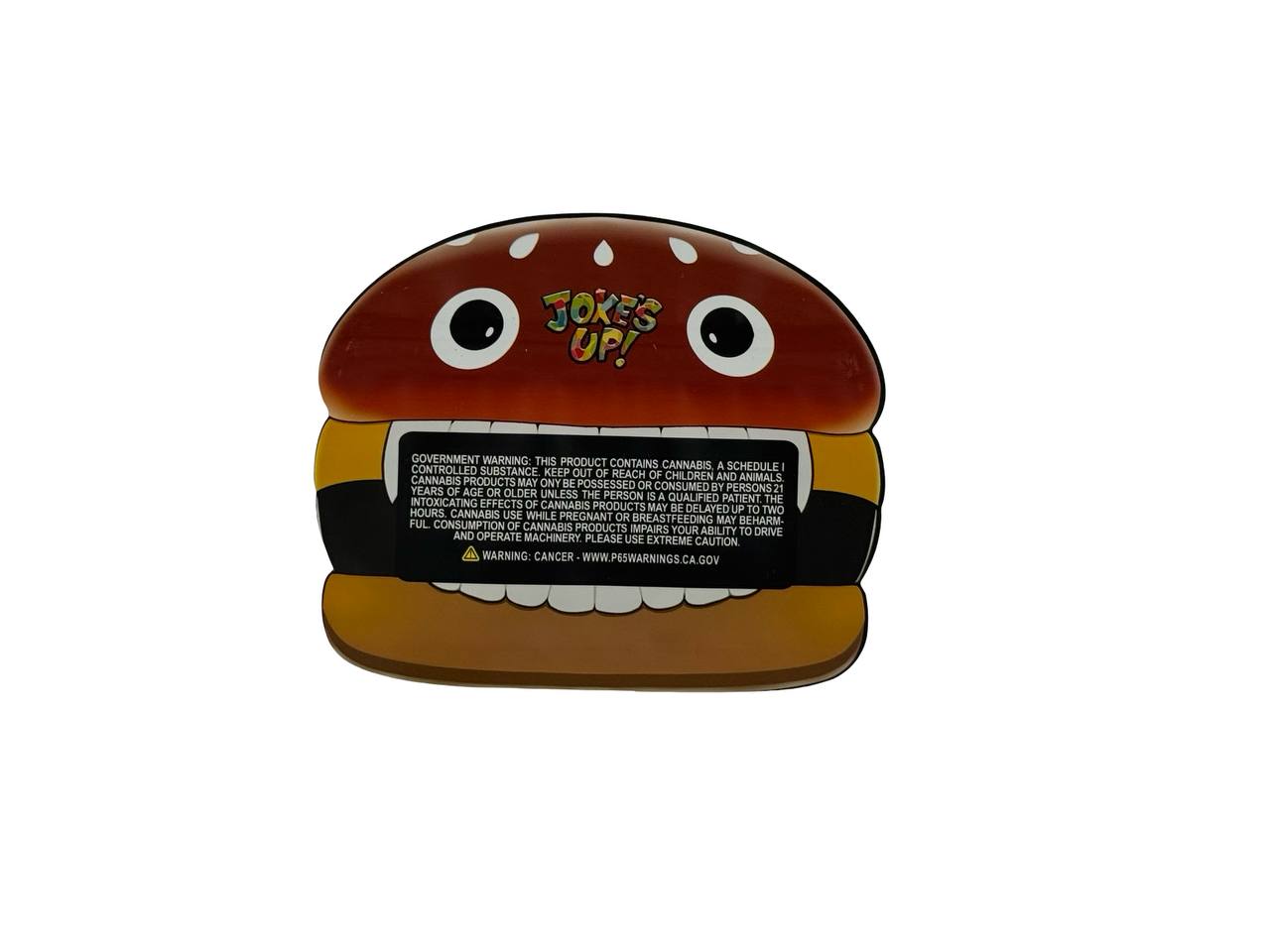 McRuntz 3.5g mylar bag back — die-cut hamburger silhouette with California compliance labeling