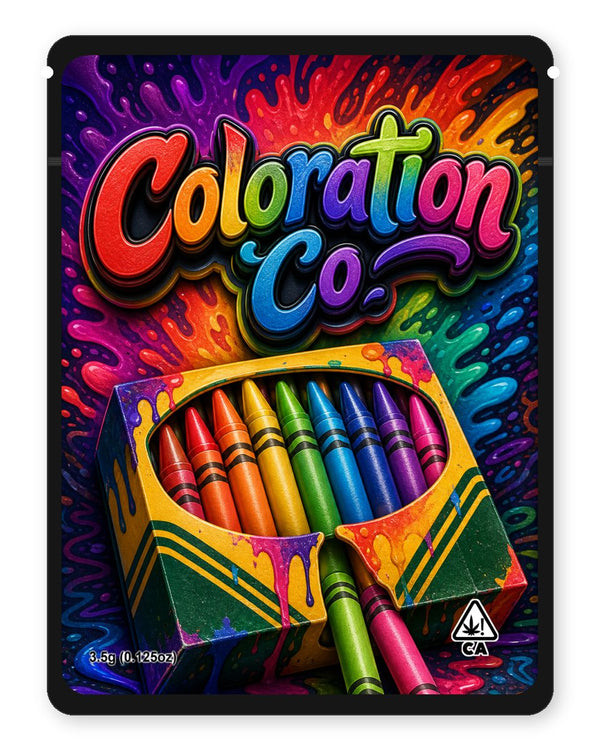Coloration Co custom 4"x5" mylar bag design (front)