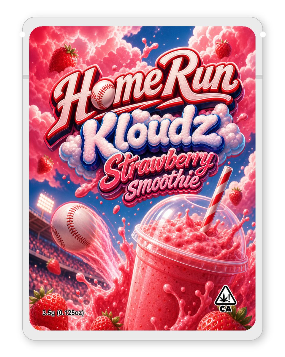 HomeRun Kloudz Strawberry smoothie custom 4"x5" mylar bag design (front)