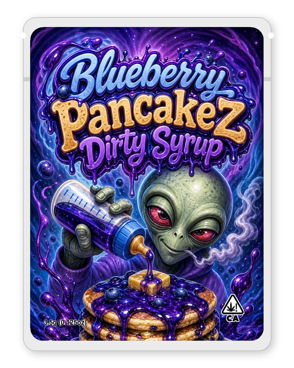 Blueberry PancakeZ Dirty Syrup custom 4"x5" mylar bag design (front)