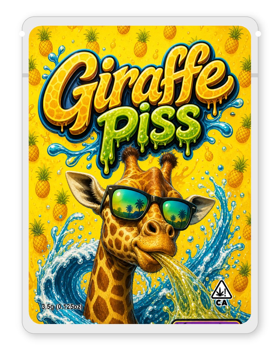 Giraffe piss custom 4"x5" mylar bag design (front)