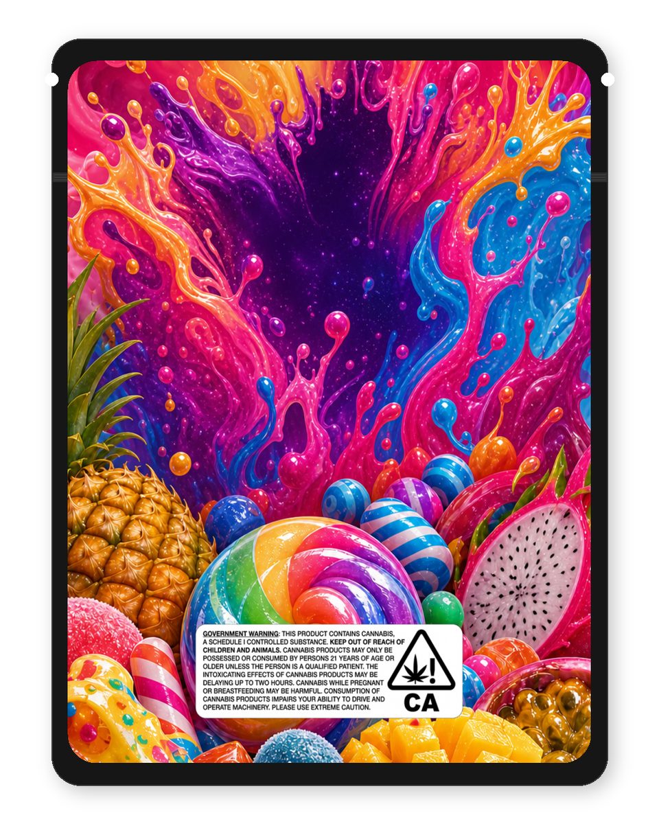 Dirty Exotic Candy custom 4"x5" mylar bag design (back)