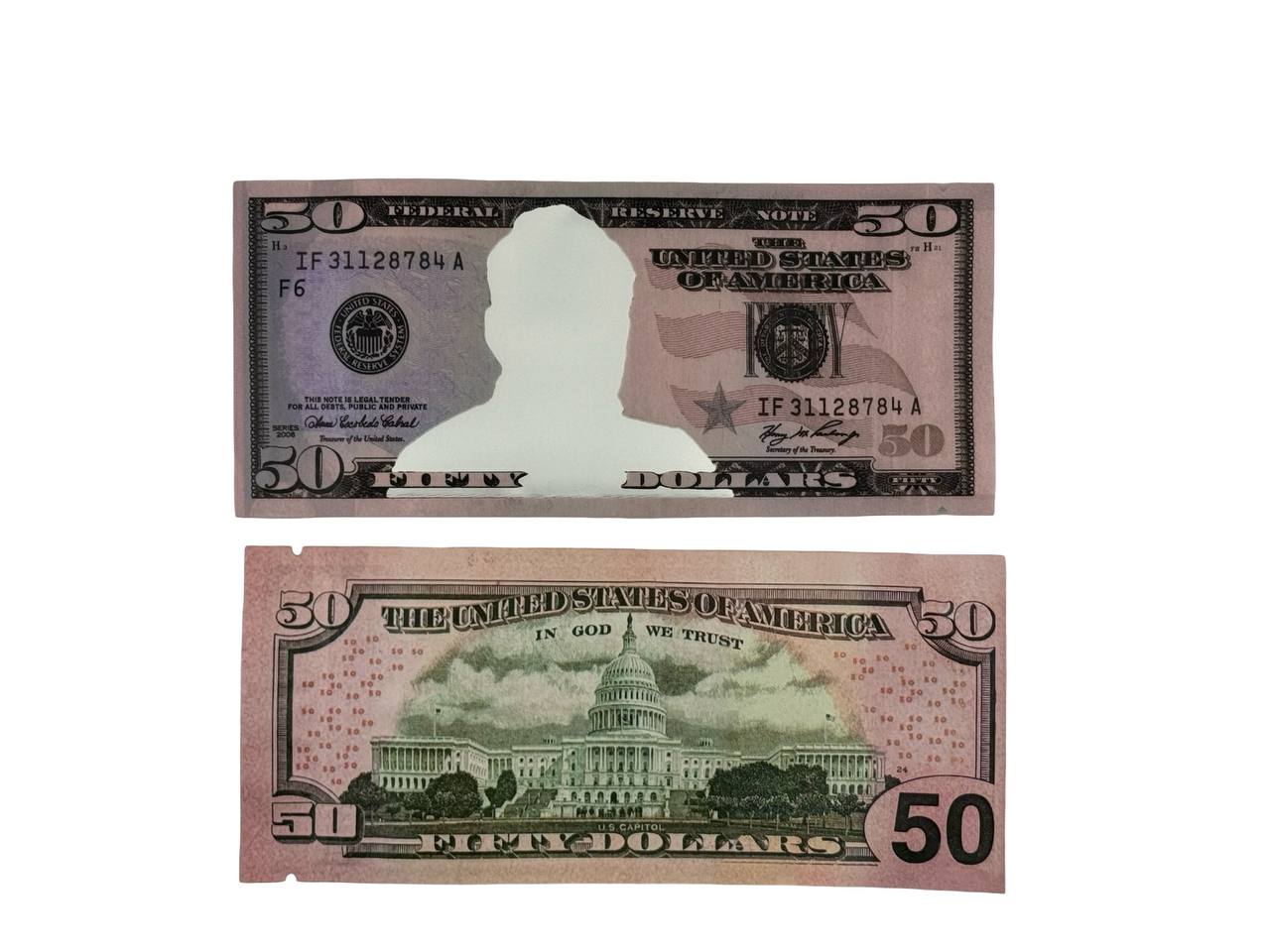 Fifty Dollar Bill 3.5g mylar bags — front and back, US $50 Federal Reserve Note-style design with die-cut Ulysses S. Grant portrait viewing window
