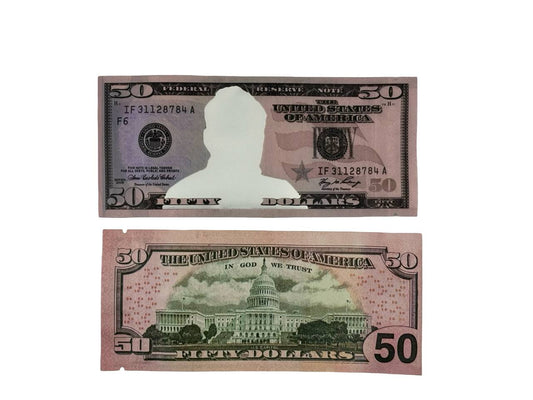 Fifty Dollar Bill 3.5g mylar bags — front and back, US $50 Federal Reserve Note-style design with die-cut Ulysses S. Grant portrait viewing window