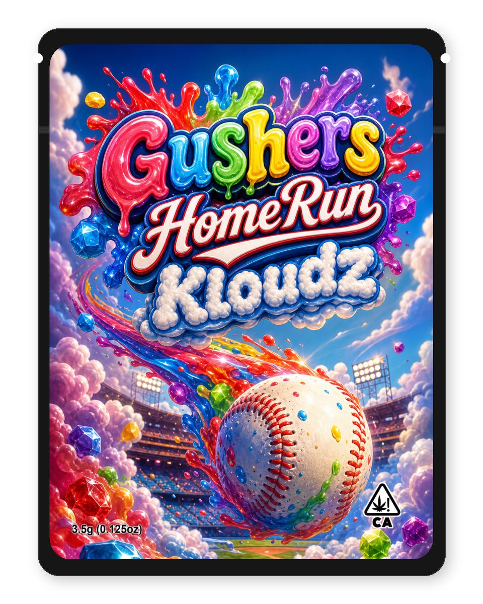 Gushers HomeRun Kloudz custom 4"x5" mylar bag design (front)