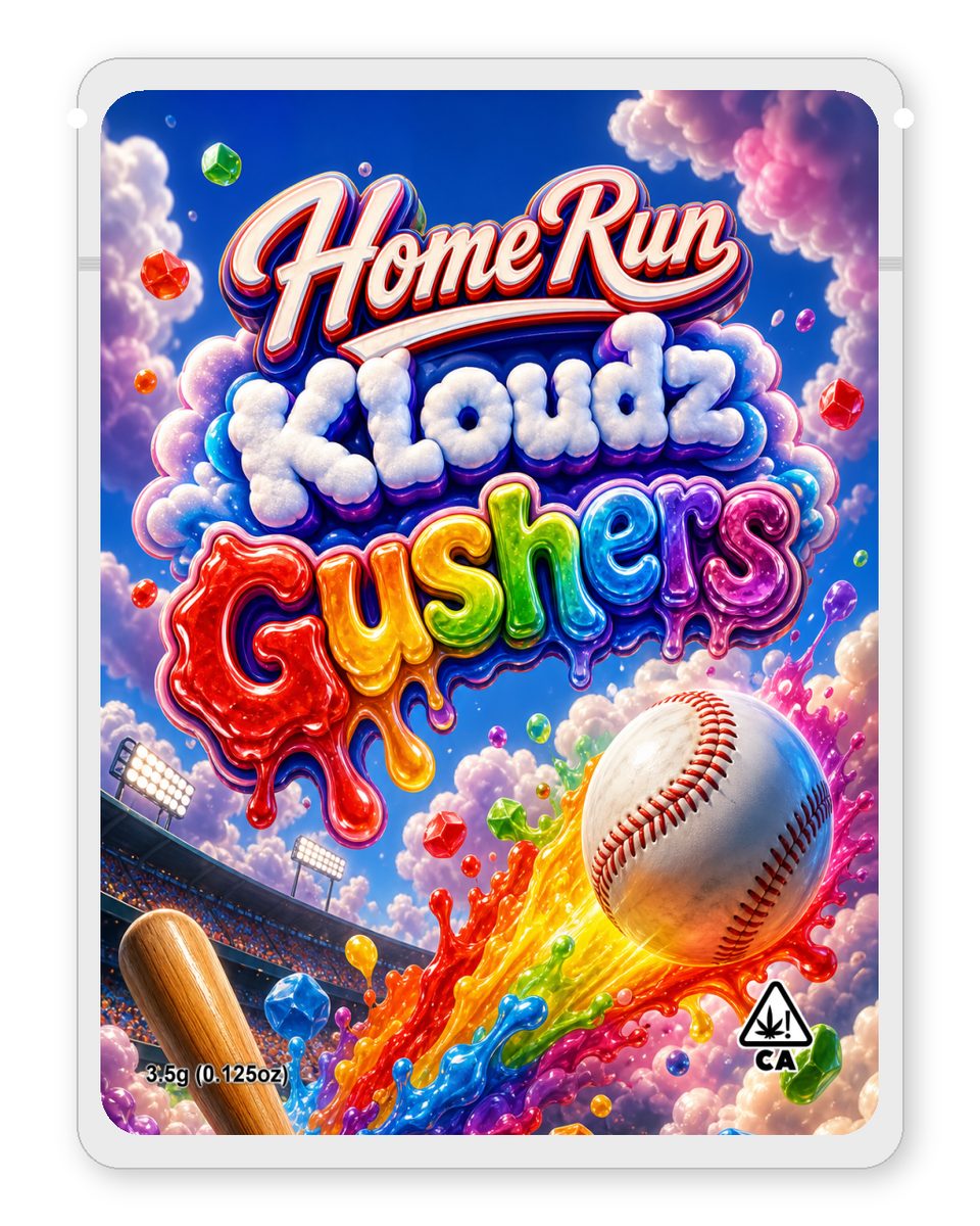 HomeRun Kloudz Gushers custom 4"x5" mylar bag design (front)