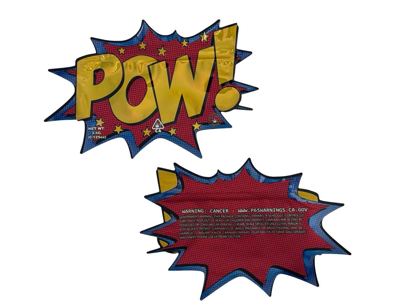 POW 3.5g mylar bags two-bag lineup — gold metallic foil die-cut starburst pouches by The Holding Company