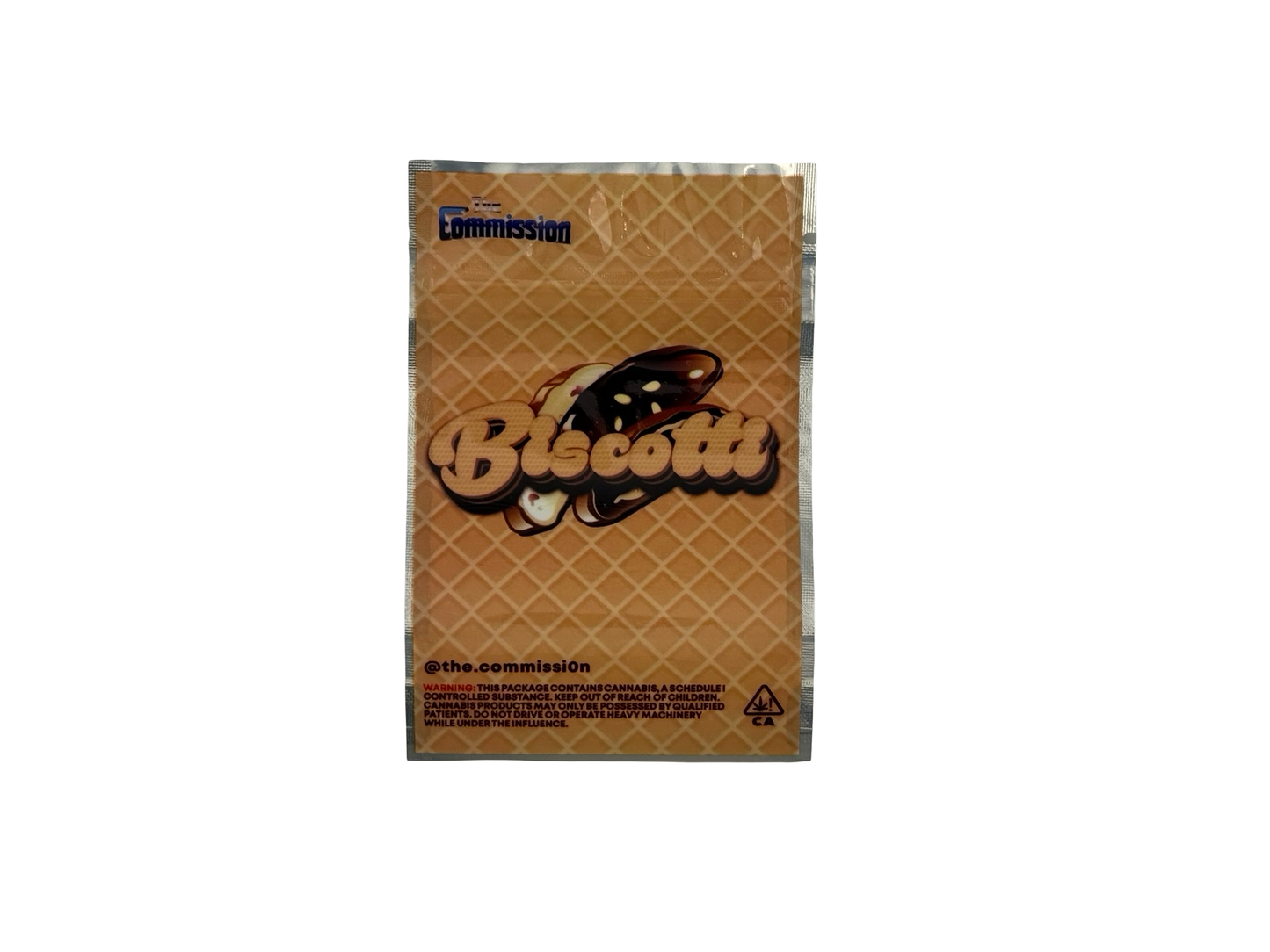Biscotti retro 3.5g mylar bag front design — waffle texture background with chocolate bubble script and biscotti graphic