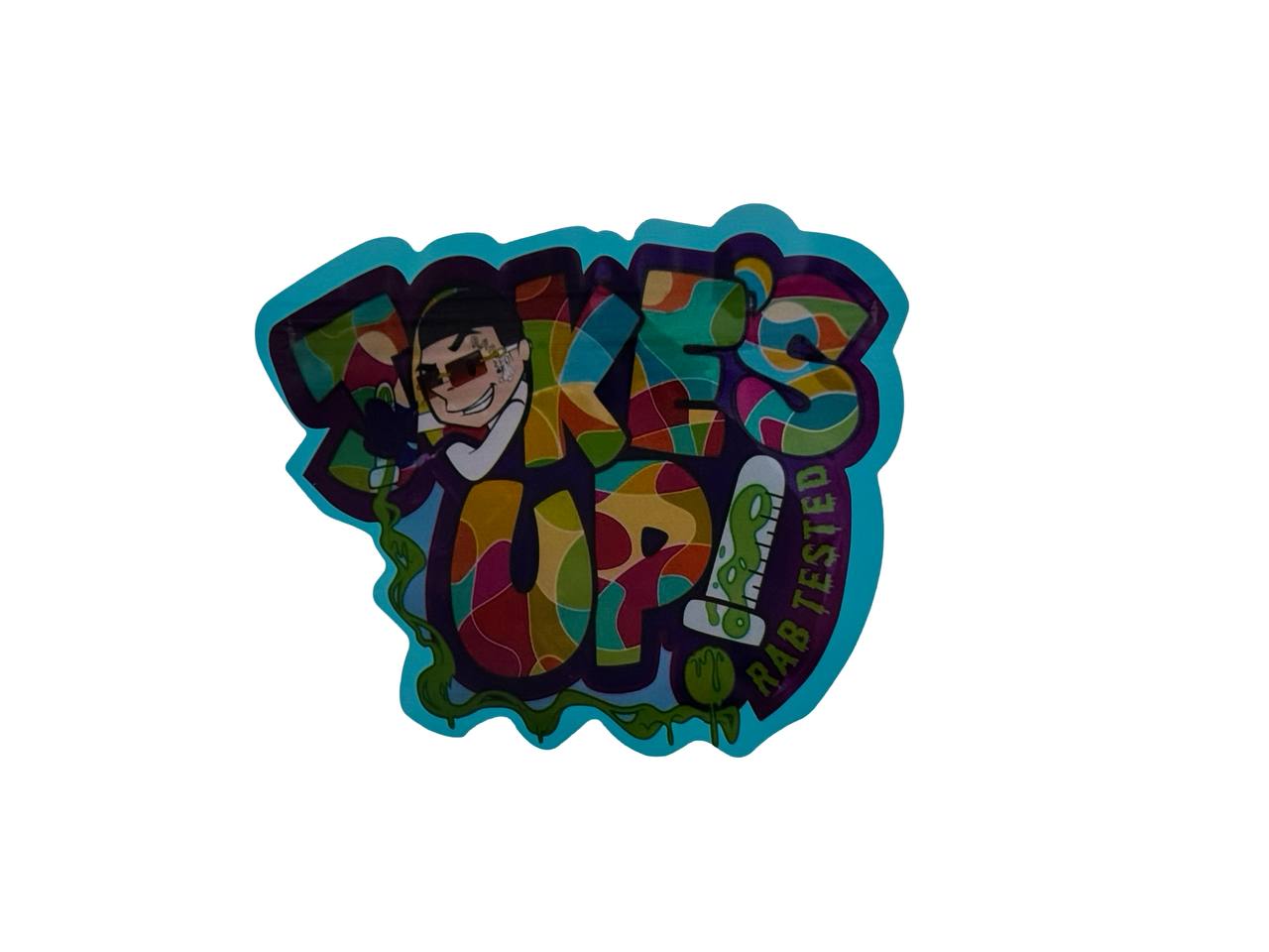 Rab Tested 3.5g mylar bag front design — graffiti Joke's Up logo with cartoon mascot in sunglasses