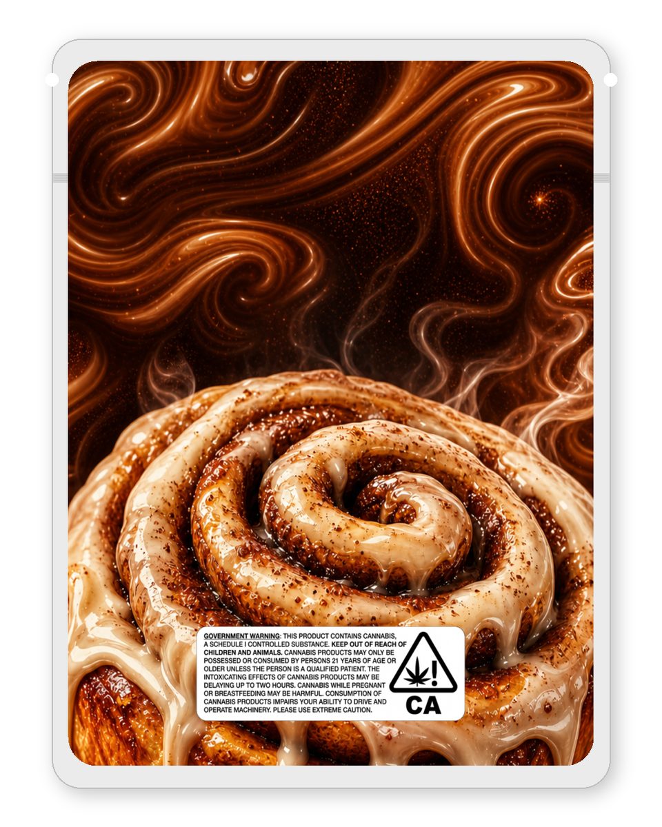 Cinnamon bun custom 4"x5" mylar bag design (back)