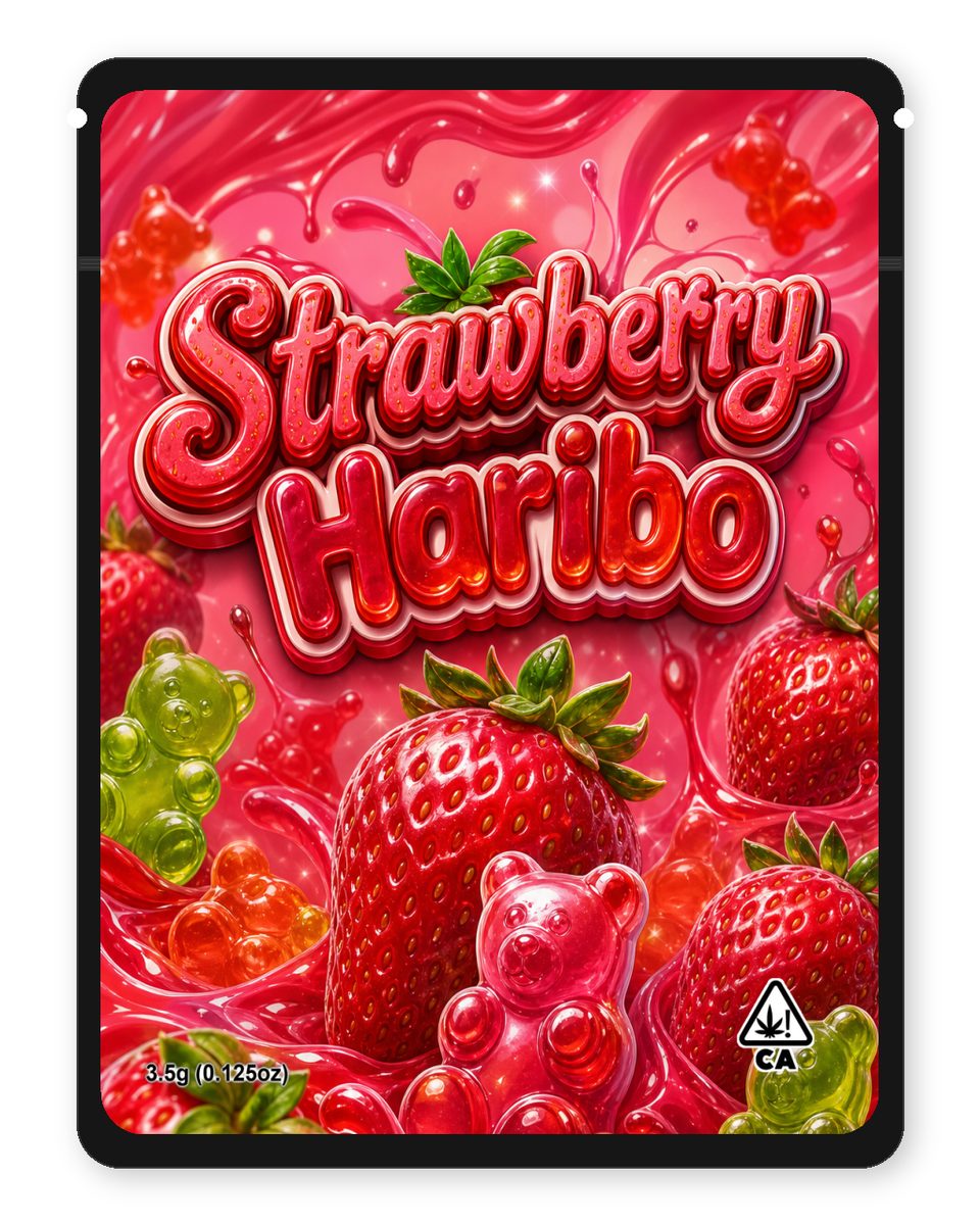 Strawberry Haribo custom 4"x5" mylar bag design (front)