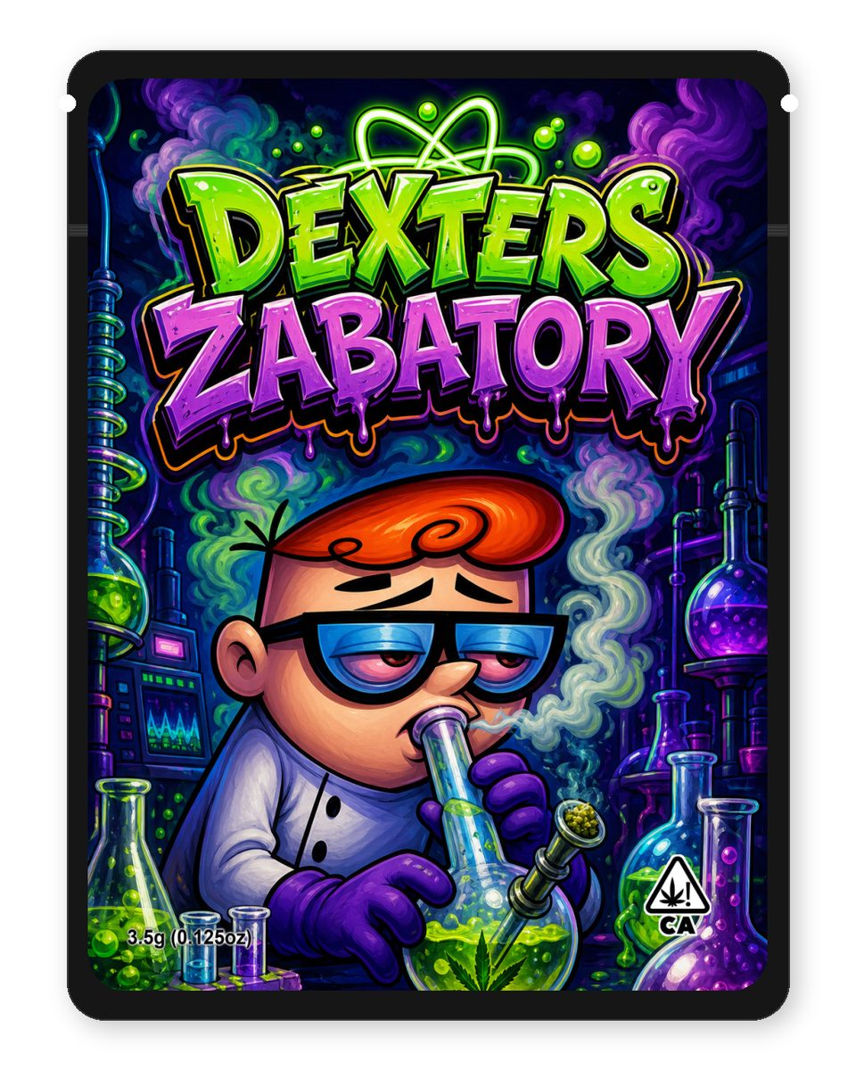 Dexters Zabatory custom 4"x5" mylar bag design (front)