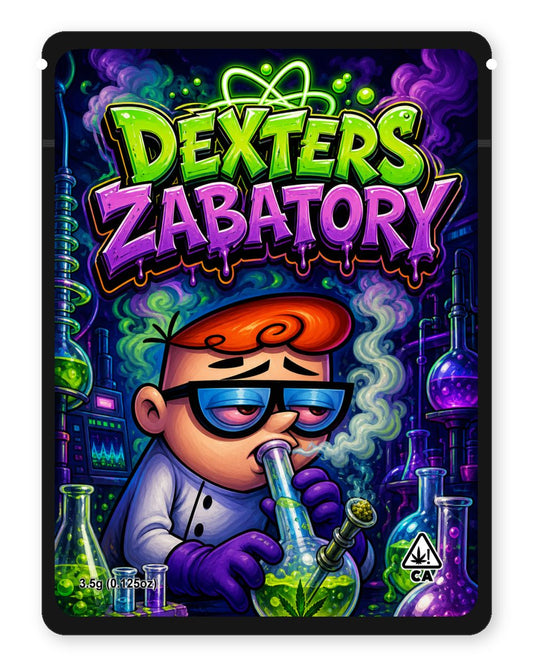 Dexters Zabatory custom 4"x5" mylar bag design (front)