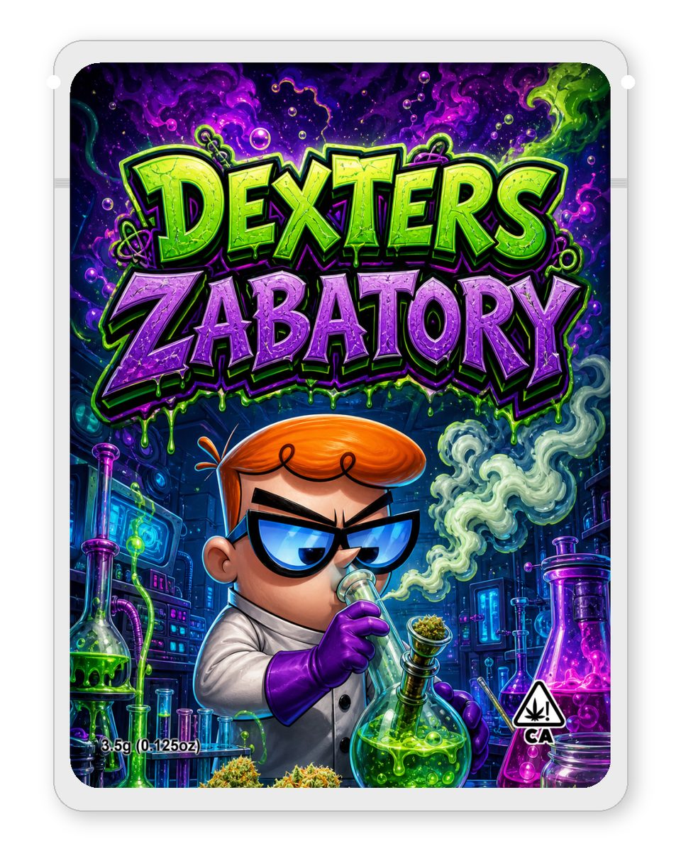 Dexters Zabatory custom 4"x5" mylar bag design (front)