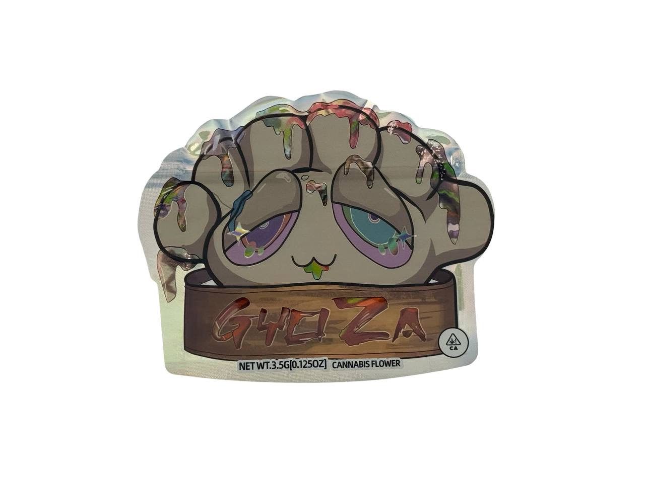Gyoza 3.5g mylar bag front — die-cut holographic monster paw with banner, spot UV gloss accents