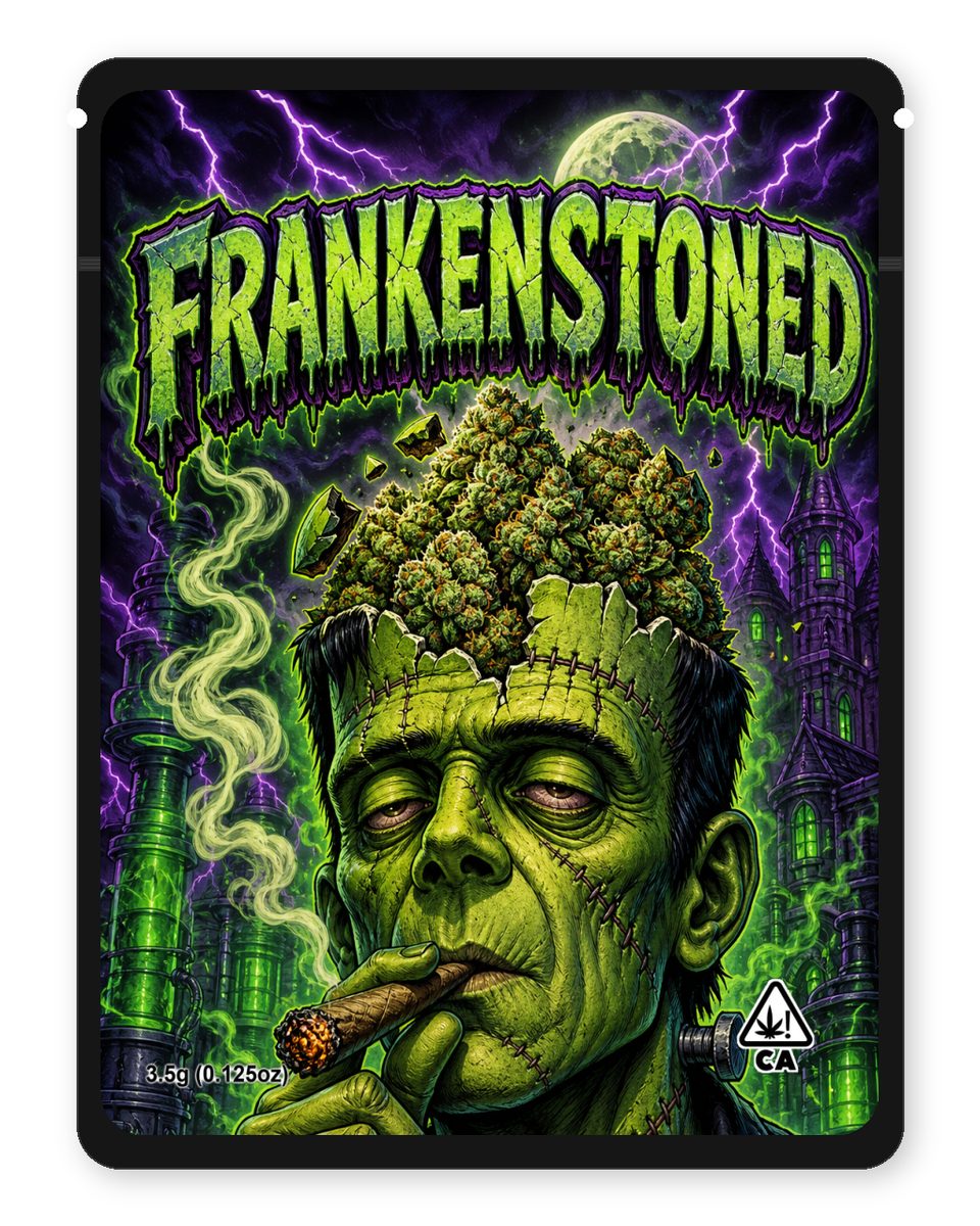 FRANKENSTONED custom 4"x5" mylar bag design (front)