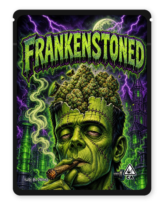 FRANKENSTONED custom 4"x5" mylar bag design (front)