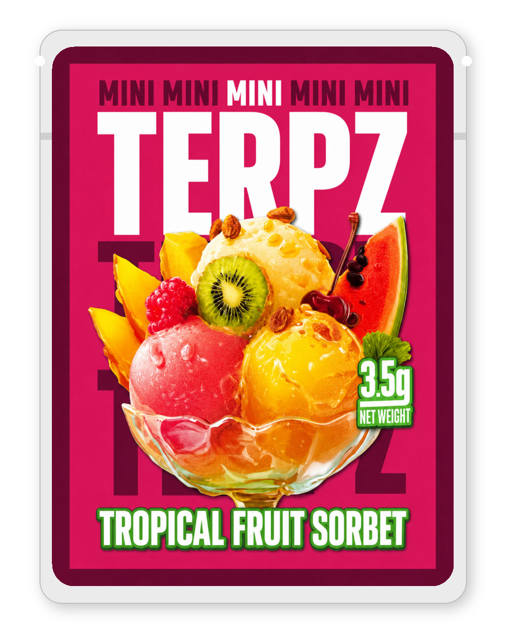 Tropical Fruit Sorbet 3.5g mylar bag front — Terpz Mini sticker format, magenta background with colorful sorbet dessert artwork