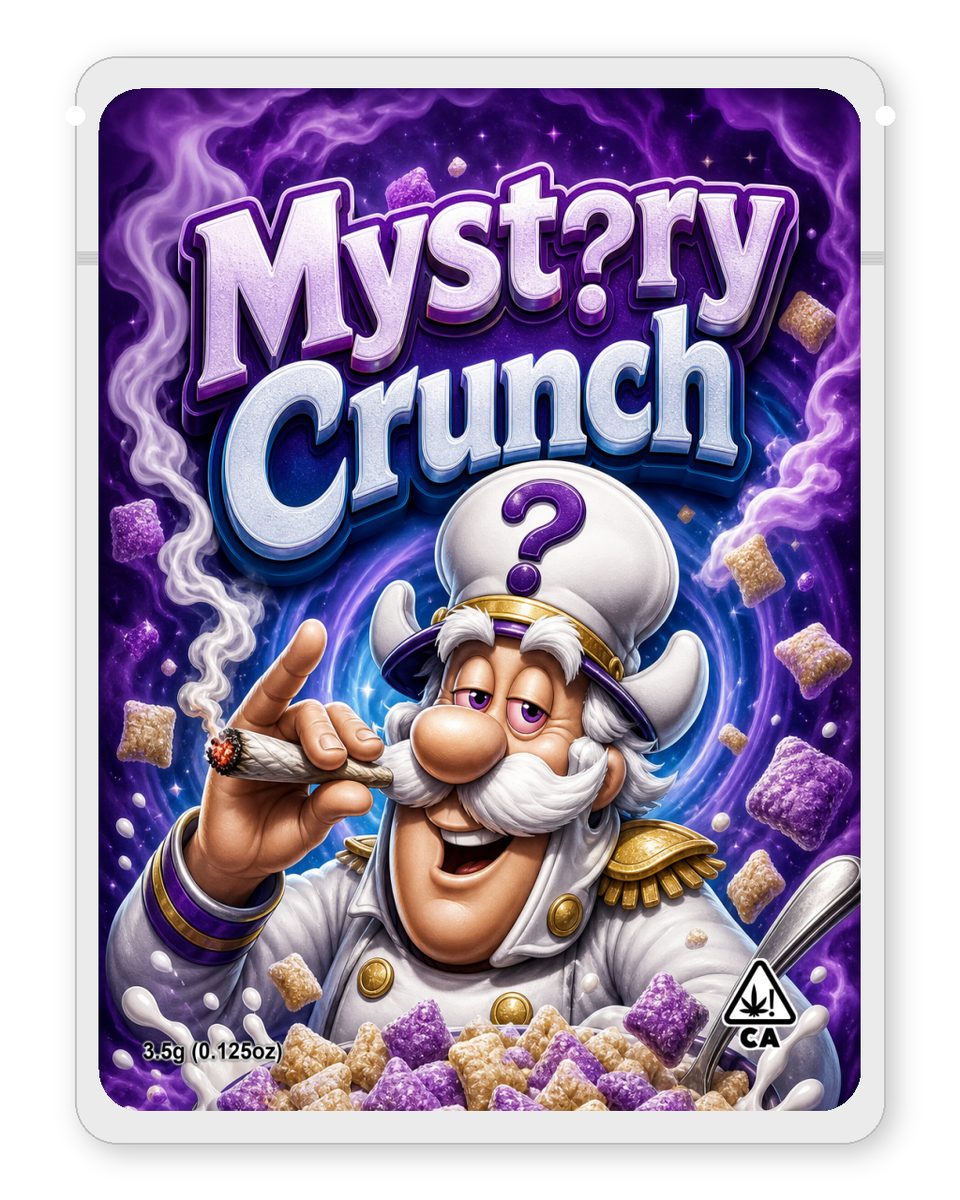 Mystery Crunch custom 4"x5" mylar bag design (front)
